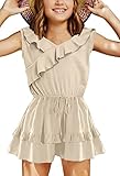 Haloumoning Jumpsuit Mädchen Rüschensaum Loose Fit Ärmellos Strampler Kinder Sommer Casual Shorts mit Taschen Overall,Beige,6-8Jahre