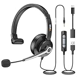 Wantek USB-Headset mit Mikrofon für PC Laptop – Computer-Headsets mit Mikrofon, Geräuschunterdrückung – Business-Büro-Arbeits-Headsets mit Inline-Lautstärkeregler & Stummschaltung – 3,5