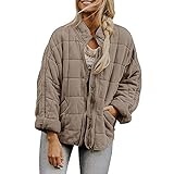 Leichte Steppjacke für Damen, langärmelig, durchgehender Reißverschluss, Stehkragen, gepolsterte Jacken, Mantel, lockere, warme Winter-Outwear, khaki, 48
