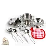 ZPZGOG 11PCS Küche Lebensmittel Kochen Zubehör,Edelstahl Pretend Kochutensilien Kochgeschirr Set Spielzeug Montessori Küche,Topf Sets für Kinder,Kleinkind Töpfe und Pfannen Spielzeug für Kind