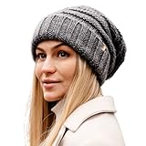 TOP-EX M/L/XL 100% Wolle Slouch Beanie Damen Warm Wintermütze Strickmuetze mit Satinfutter Grün