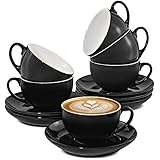 6er Cappuccino Tassen Set mit Untertassen - Keramik Schwarz - Spülmaschinenfest - Hält Lange warm - 180ml