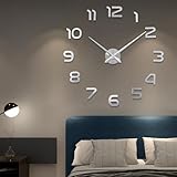 Warminn Wanduhr, DIY Aufkleber Wanduhr Moderne rahmenlose 3D-Wanduhr Römische Zahlen Spiegelaufkleber Kunst Wanduhr Wohnkultur Bastelt große Uhr für Büro Wohnzimmer Schlafzimmer (Silber 1)