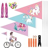 ZJKUBOIS 3 Stück Fahrradfahne für Kinder, Fahrradwimpel Kinder Set mit Metall Fahnenmast, Bunt Fahrradspeichen Deko, Lenker Quasten, Fahrrad Deko Zubehör für Jungen und Mädchen Kinderrad (Mädchen)