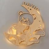 LAUBLUST Schlummerlicht Bär im Mond - Personalisiertes Baby-Geschenk zur Geburt & Taufe - LED Beleuchtung | Natur