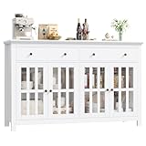 FirFurd Sideboard 140cm Breit Küchenschrank mit Arbeitsplatte Sideboard Wohnzimmer Küche Buffetschrank mit 2 Schubladen 4 Glastüren Küchenbuffet mit verstellbaren Regale 140x40x91 cm weiß