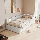 Jugendbett 90x200 cm Schlafsofa mit Bettkasten, Polsterbett Daybett mit LED Kopfteil, Schlafsofa Einzelbett gepolstert mit Lattenrost, Boxspringbett mit Bettkasten, Tagesbett (Weißer Teddystoff)