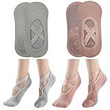 KEYRI 2 Paar Yoga Pilates Socke Rutschfeste Socken für Frauen Mädchen, Grippige Socken BodenSocke Anti-Rutsch Griffe Riemen, Einheitsgröße Atmungsaktive Socken für Fitness Ballett