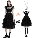 Enenblau Gothic Ballkleid Damen Schwarz, Mehrlagiges Tüll Abendkleid, Halloween Party Outfit Set mit Accessoires Kniestrümpfe, Kette, Haarspange & Sticker EB003-3XL