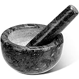 Tera Marmor-Mörser- und Stößel-Set: Küchenmühle aus Naturmarmor in kleiner Größe mit 10cm Durchmesser - Manuelle Gewürzmühle Kräutermühle Pillenzerkleinerer mit Stößel in Schwarz