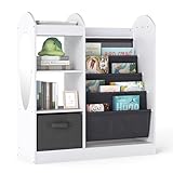 FANTASK Kinderregal Bücherregal, Aufbewahrungsregal mit Spiegel sowie 4-lagigen Fächern, Stoffschublade und 3 Haken, Zeitungsständer für Kinderzimmer Spielzimmer, Weiß