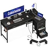 Coleshome Eckschreibtisch mit 6 Schubladen, 126x80cm Schreibtisch L Form mit Steckdose, PC Tisch und Computertisch mit Stauraum, Umkehrbarer Bürotisch fürs Schlafzimmer, Schwarz