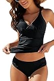 VILOREE Mode Damen Tankini Set Zweiteilige Bademode Badeanzug Nechholder Bauchweg Schwarz (N103) 3XL