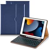 DTTO Schutzhülle für iPad 9. / 8. / 7. Generation 2021 / 2020 / 2019 mit Tastatur, 7 Farben Hintergrundbeleuchtung, kabellos, abnehmbare Tastatur, Premium-Leder-Folio-Hülle mit Stifthalter und Tasche