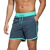 TMEOG Badeshorts Herren Badehose Männer Schwimmshorts Retro Bademode Surf Sport Shorts Kurz Strandshorts Kordelzug Trainingsshorts mit Reißverschlusstasche und Netz(Grau,L)
