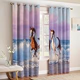 Tier Vorhänge Strand Wellen Pferd Verdunkelung 2er Set H280 x B140 cm Ösenvorhänge Blickdicht mit 3D-Druck Thermovorhänge für Kinderzimmer Mädchen Jungen Schlafzimmer Wohnzimmer