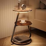 ARTETHYS Beistelltisch, kleiner runder Couchtisch mit 3 farbigen LED-Lichtern, Beistelltisch mit 3 Ablagen, Nachttisch, Sofa, Beistelltische für Wohnzimmer, Schlafzimmer, rustikales Braun
