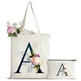 MYHALF Initialen Baumwolltasche und Kosmetiktasche mit Reißver personalisierte Tasche Leinwand Tragetasche Schminktasche Buchstaben Stofftasche Geschenke für Frauen Geburtstag Weihnachten (A)