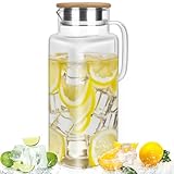 Ezvsevuo Glaskaraffe 1,8 Liter Wasserkaraffe mit Holzdeckel,Karaffe Glaskrug für Heißes Wasser,Kaltes Wasser,Eistee,Milch 1800ml Glas Krug Wasserkaraffe Glas mit V-förmiger Auslauf für Fruchtsaft