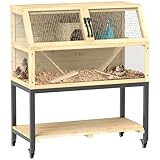 PawHut Hamsterkäfig aus Holz, 87 x 43 x 101 cm Nagerkäfig mit Ablagefläche, Wasserflasche, Hütte, Wippen, Kleintierkäfig mit Rädern, Rampen, für Zwerghamster Naturholz