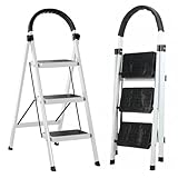 Trittleiter 3 Stufen Klappbar, Stufenleiter mit Handläufen Klapptritt mit Rutschfesten Stufen Haushaltsleiter für Küche, Vorratskammer, Schränke, Büro, Leicht & Platzsparend, Tragkraft 150 kg (Weiß)