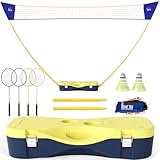 HOMCOM Badminton Netz mit Stand, Badminton-Netzständer, tragbarer Netzständer, Badmintonnetz mit 4 Badminton-Schlägern, Outdoor-Sport, Gelb+Blau, 286 x 33 x 157 cm