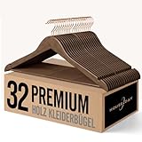 HOUSE DAY Kleiderbügel Holz 32 Stück Walnuss Holzbügel Kleiderbügel Stabil Drehbar 44,5cm Breit, mit Einkerbung, Roségold Haken