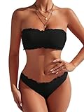 GORGLITTER Bikini Damen Set Bikini Trägerlos Bandeau Bikini mit Wellensaum Bikini Set Zweiteiler Badeanzug Bademode Swimsuit Schwarz S