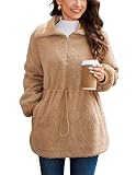 CURLBIUTY Damen Teddyfleece Sweatshirt Winter Langärmelig Pullover mit Halbem Reißverschluss und Taschen Khaki M