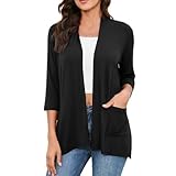 Strickjacke für Damen, vorne offen, 3/4-Ärmel, leicht, lässig, Strickjacke, lockere Passform, Strickwaren, Schwarz , XXL