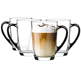 Glasmark KROSNO 1992 Kaffee Glas Kaffeeglas Mit Henkel Teeglas Becher 300 ml Glas Robust Spülmaschinenfest Hochglanz Schwarzer Henkel, Schwarz, Durchsichtig