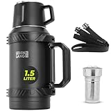 LEBENLANG Thermosflasche 1,5 Liter - 24h Heiß Inkl. Becher, Teesieb, Tragegurt I Trinkflasche Thermobecher 1 5 Liter Thermoskanne I Getränkeflasche Edelstahl Thermusteekanne Isolierflasche Thermo Cup