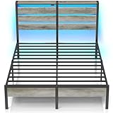 Rolanstar Bettgestell mit Steckdose & LED, Metallbett mit Stauraum unter dem Bett,Modernes Doppelbett in Holzfarbe, 140 x 200 cm