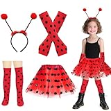 Cosysparks Ladybug Kostüm Kinder,4 Stück Marienkäferkostüm mit Rotem Tutu Rock Lange Socken Fingerlose Handschuhe und Ladybird Stirnband Kinder Fancy Kleid Set für Halloween Karneval Themenparty