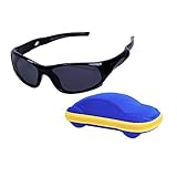 JoXiGo Sport-Sonnenbrille für Kinder, polarisiert, bruchsicher, für Jungen und Mädchen (3-12 Jahre) + Brillenbänder + Brillenetui, Schwarz