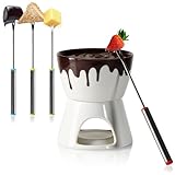 com-four® Schokoladenfondue-Set - Schmelztopf für Schokolade und Käse - Keramikschale mit Teelichthalter und 4 Gabeln - Schmelztiegel - Dessert-Dipschale für 4 Personen - Schmelzgefäß (weiß/braun)