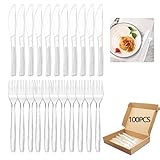 100 Stück Plastikbesteck Set 50 Plastikbesteckgabeln und 50 Kunststoffmessern, Robust Plastik Gabel Messer, Party Besteck Plastik für Familienfeiern, Outdoor Dinner (Transparent)