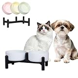 Keramik Hundenapf Erhöht mit Edelstahl-Ständer - Stylisch Doppelnapf Futterstation für Katzen und Kleine Hunde - rutschfest Hund Napf Set für Futter und Wasser - 140g / 260ml - Höhe 10cm - Blau