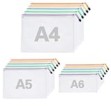 15 Stück Dokumententasche A4, A5, A6, 5 Farben, Wasserdichte Dokumentenmappe, Transparente Zipper Beutel für Datei, Kosmetik, Bürobedarf, Rechnung, Schule & Reise