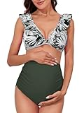 Summer Mae Umstands-Badeanzug mit hoher Taille, zweiteiliger Rüschen-Bikini, Badeanzug, Blumenmuster, V-Ausschnitt, Schwangerschafts-Bademode, Flying Leaf Walzer, XL