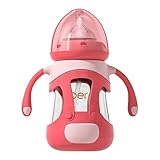 Oberni Glas Baby Babyflaschen 240ml mit Silikon Sauger für Neugeborene ab 6 Monat, Anti-Colic Milchflasche mit Luftfrei Beschwerter Strohhalm, Griffe und Ärmel, Rot