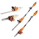 NEO TOOLS 2in1 Multifunktions-Gartengerät – Hochentaster (750W, 25cm Schwert) & Teleskop-Heckenschere (550W, 46cm Blatt), SDS Kettenschnellspannung, Schultergurt, für hohe Äste und Hecken
