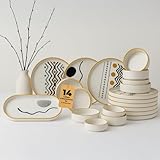 14-teiliges Frühstücksset für 6 Personen – Stackable Axial Serie – Handgefertigtes Kütahya-Keramikgeschirr mit Servierplatten & Schälchen – Spülmaschinengeeignet
