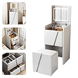 3-in-1 Mädchen Schminktisch Set mit Spiegel & Hockerleuchten Glasplatte 3 Schubladen Platzsparendes Design Make-up Schminktisch Weiß 59,9 cm L x 39,6 cm B x 108,5 cm H