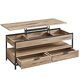 VASAGLE Couchtisch, höhenverstellbarer Wohnzimmertisch, Kaffeetisch, mit Schubladen, offenes Fach, 50 x 120 cm, Kamelbraun-tintenschwarz LCT252K02
