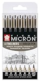 SAKURA Pigma Micron Fineliner-Stifte 6er-Set + Pinselstift | wasserfeste, permanente schwarze Tinte Stifte zum Schreiben, Zeichnen und Tagebuch führen