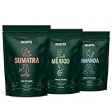 Incapto Exotische Kaffeeset | Spezialitäten-Kaffeebohnen Natur | Herkunft - Ruanda, Sumatra und Mexiko | Specialty Coffee +80 Punkte SCA | 3 Pakete à 500g