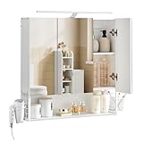 VASAGLE Badezimmerschrank mit LED-Beleuchtung, 14,5 x 70 x 70 cm, Stecker, Hängekorb, Haartrockner-Halter, Spiegelschrank, Badschrank, Wandschrank, für Badezimmer, wolkenweiß BBK124W14