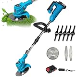 Kabelloser Kantenschneider mit Akku, kabellose Rasentrimmer, 800 W, Teleskopstange verstellbar (90 – 120 cm), mit 5 Kunststoffklingen, Klingen aus Metall, runde Klinge, leise und sicher (1 Akku)