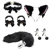 Analplug mit Fuchsschwanz, Halsband und Nippelklemmen, Katzenohren, Edelstahl-Analplug mit Schwanz für Frauen, Kostüm, Cosplay